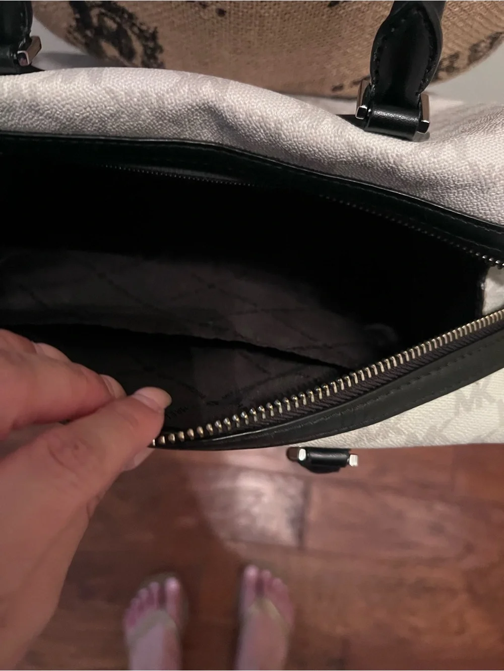 Michael Kors White MK Monogram Satchel with Black Trim